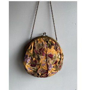 Vintage Santi Beaded Satin Small Round Evening Bag Clutch with Brass Gold Chain